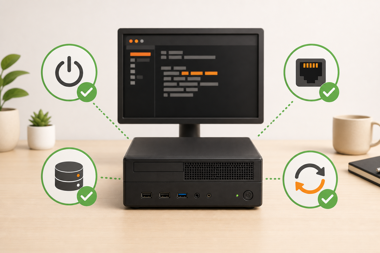 Ubuntu Server導入後に起動、ディスク、ネットワーク、更新を確認する完了チェック図