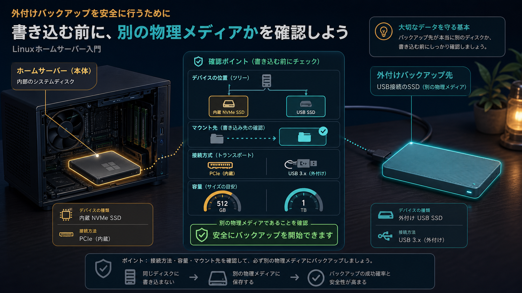 findmntとlsblkで外付けSSDのマウント先、接続方式、容量を照合する手順