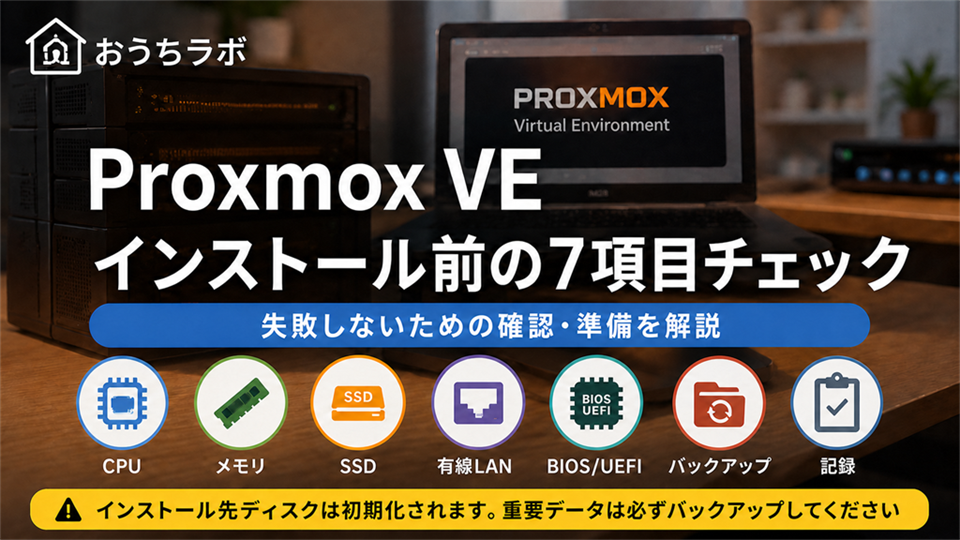 Proxmox VEインストール前の7項目としてCPU、メモリ、SSD、有線LAN、BIOS/UEFI、バックアップ、記録を確認するアイキャッチ