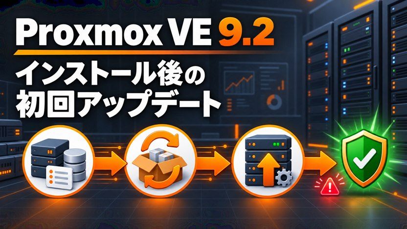 Proxmox VE 9.2のリポジトリ確認から初回アップデート完了までの流れを示すアイキャッチ