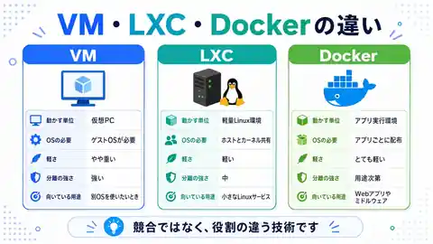 VM、LXC、Dockerの動かす単位、OS、軽さ、分離、用途を比較した図